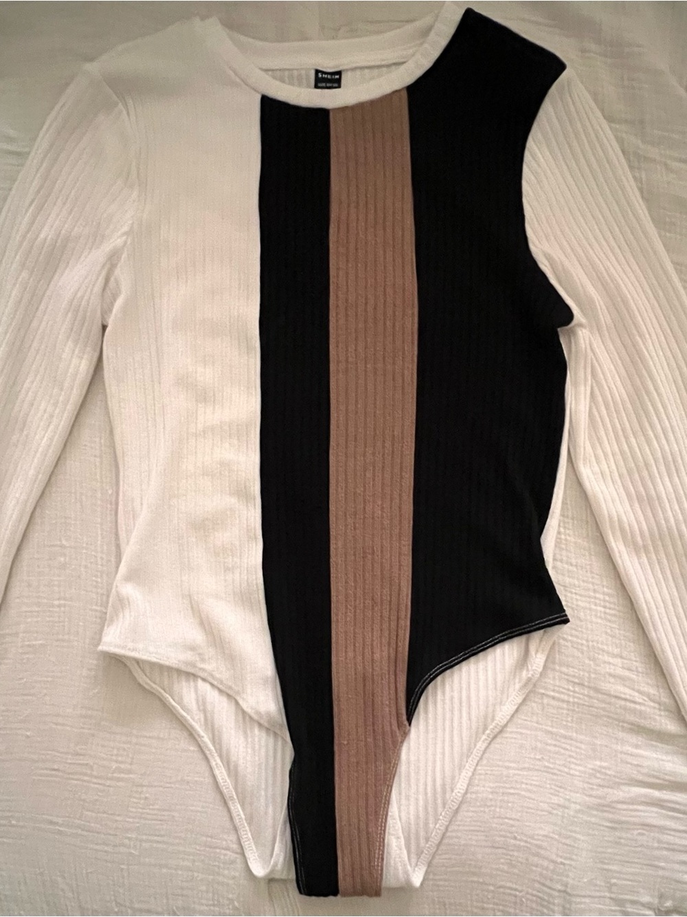 SHEIN Ribbed Long-Sleeve Colorblock Bodysuit - White, Black & Brown